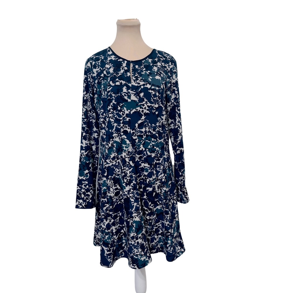 Simply Vera Vera Wang Women Dress M Blue Floral Long Sleeve A-Line Keyhole Neck